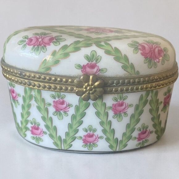 Other - porcelain hinged trinket box, with a pink rose and green vine pattern.